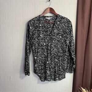 Old Navy Size S Black Floral Cotton Tunic Shirt Long Sleeve